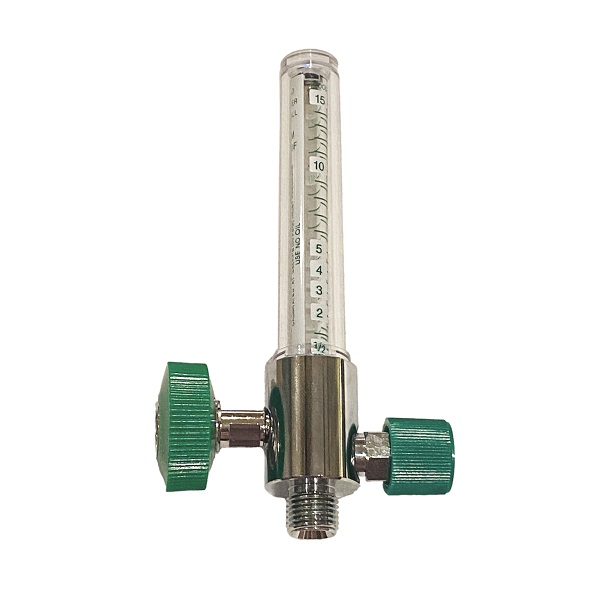 Medical O2 Flowmeter 0-15 LPM with O2 DISS Hand Tight Inlet and Green Hose Barb Outlet